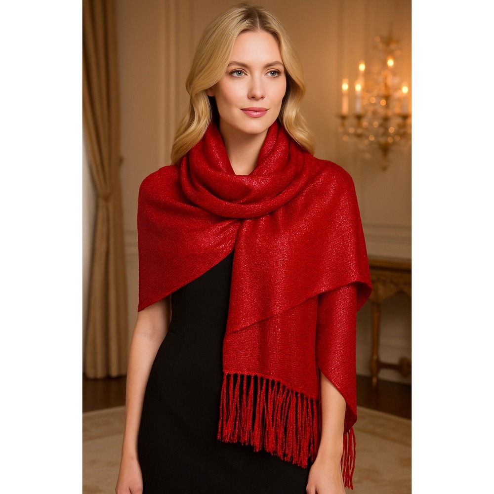 Red Shimmer Metallic Woven Fringe Scarf‎ Wrap Shawl Evening Holiday Party